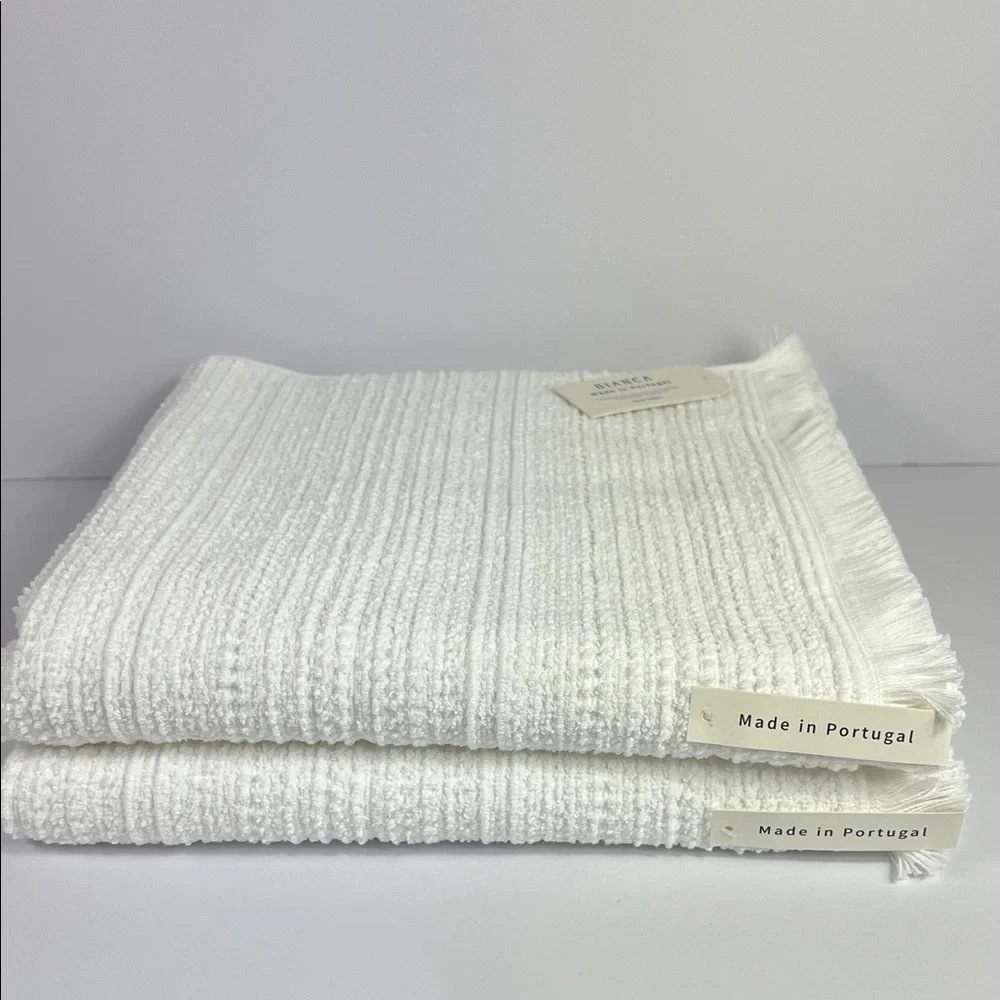 Bianca Bath Towels Luxurious White with Fringe Textured Portugal Set of 2 NEW